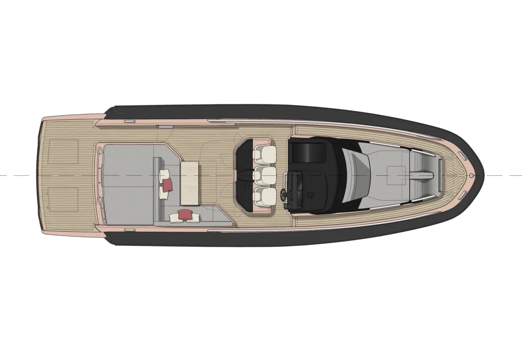 Top-down layout of a luxury boat showing deck, seating areas, helm, and cabin with pale wood finish and beige cushions.