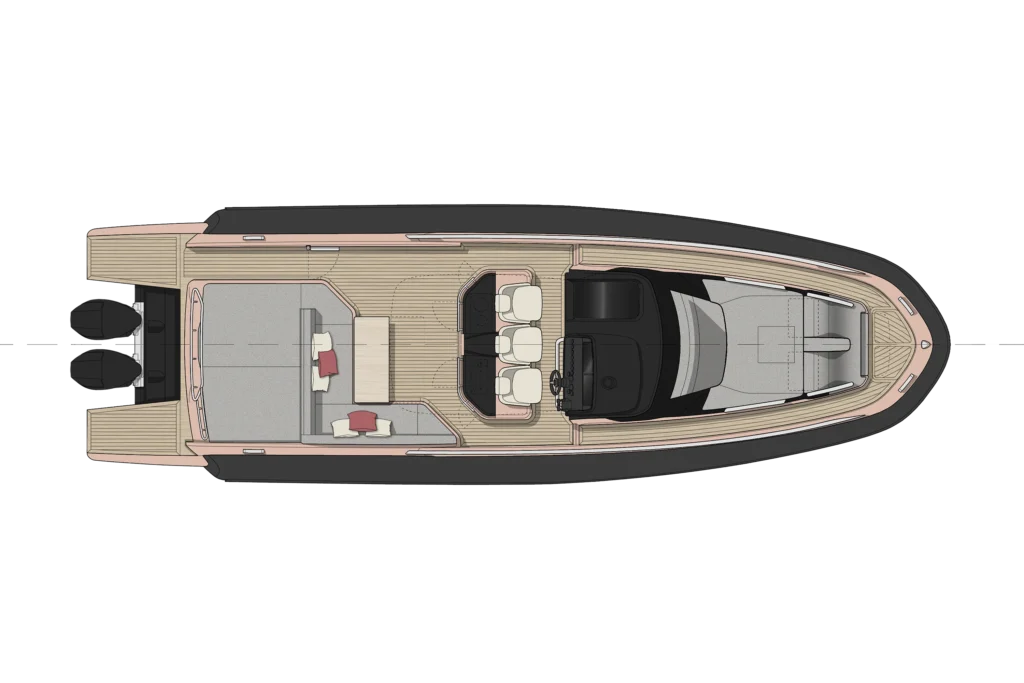 Top-down interior layout of a luxury motor yacht showing dining area, galley, helm station, and seating with cabins aft and forward lounge.