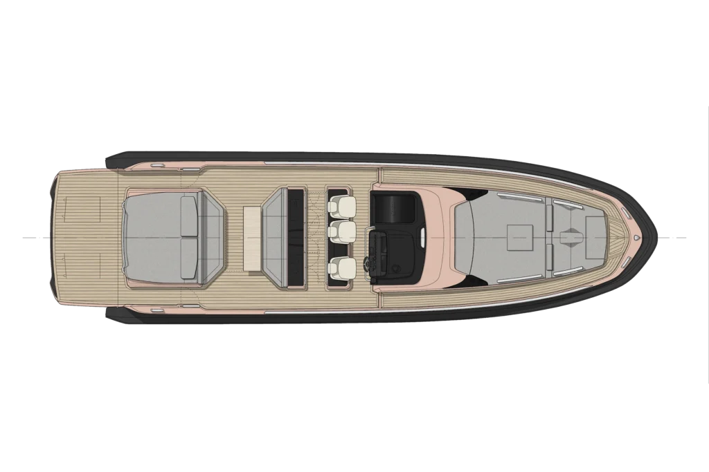 Top-down view of a luxury motor yacht's deck layout, showing seating areas, helm, and cabin spaces along a wooden deck outline