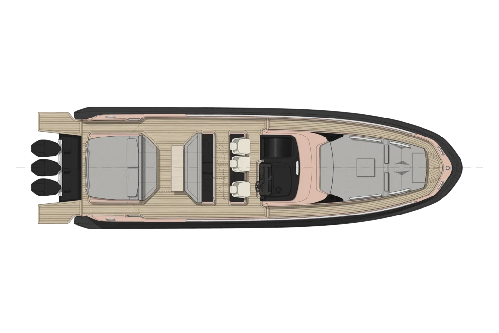 Top-down layout of a luxury motor yacht's main deck, showing cockpit, seating, helm, and forward lounge areas on teak decking