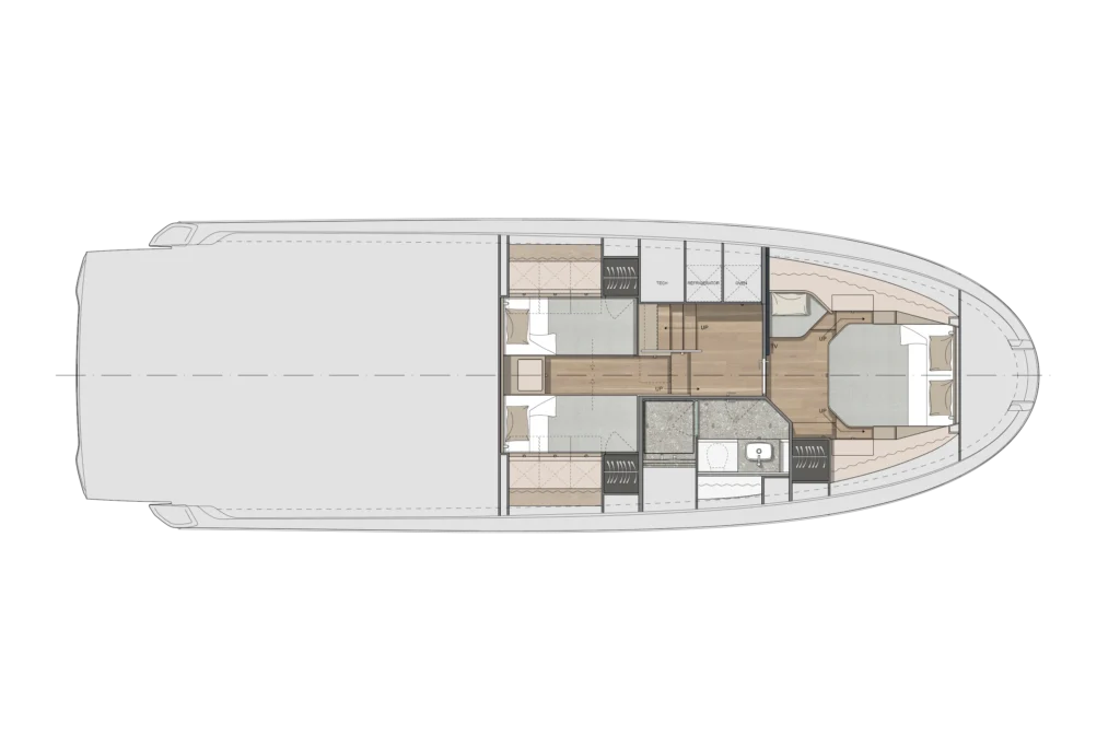 Top-down floor plan of a luxury yacht interior, showing multiple cabins, a galley, lounge, and stairwells along a curved hull.