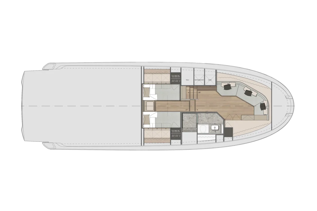 Top-down floor plan of a luxury yacht interior showing bedrooms, bathrooms, a galley, living area, and curved seating at the bow/salon area, with stairs marked UP/DOWN.