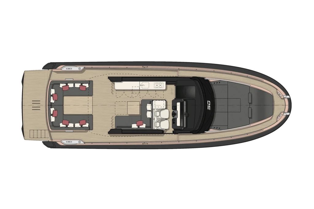 Top-down floor plan of a luxury yacht showing a seating lounge, dining area, and helm station along the central spine.
