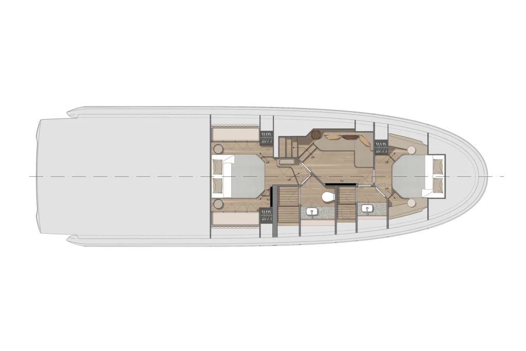 Top-down layout of a luxury yacht interior showing cabins, living area, galley, and staircases.