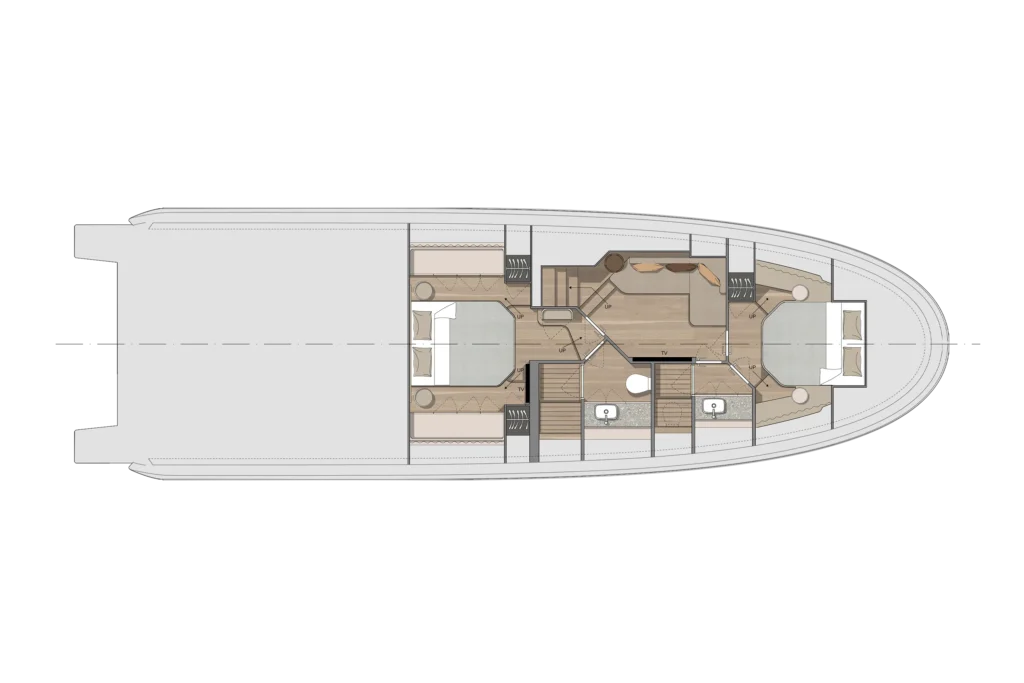 Top-down floor plan of a luxury yacht interior, showing multiple cabins, a central lounge, galley, and bathrooms along a curved hull section.