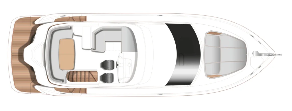 Top-down view of a luxury motor yacht showing the helm area, curved seating, and an open teak aft deck
