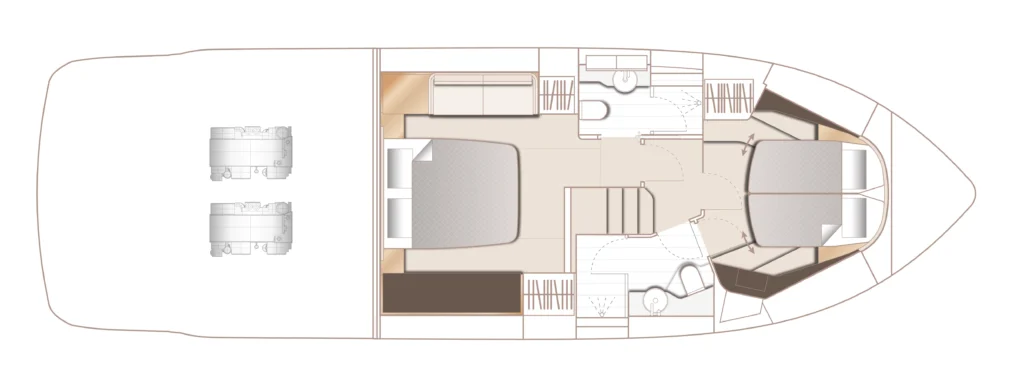 Top-down floor plan of a yacht interior showing a master cabin, seating area, galley, bathroom, and forward helm with engines visible aft.