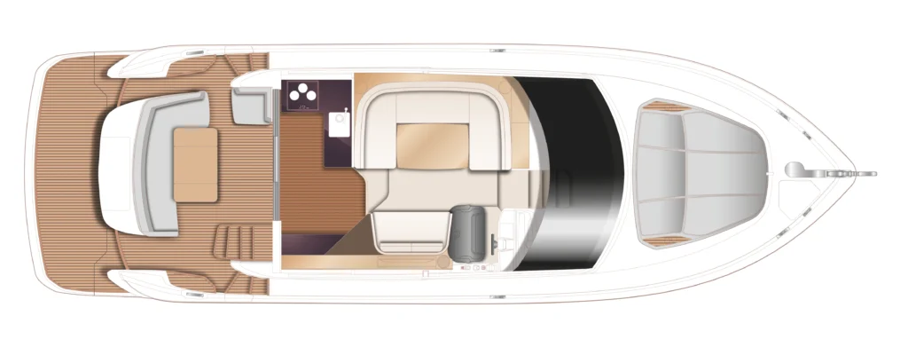 Top-down plan of a luxury motor yacht showing the aft deck lounge, midship galley and seating, and forward helm area.