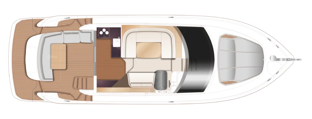Top-down layout of a luxury motor yacht showing the aft deck with seating, an interior galley, a central lounge, helm station, and forward cabin area.
