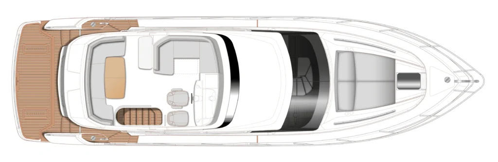 Top-down schematic of a luxury motor yacht showing deck layout: aft cockpit, open salon, helm, and forward cabin areas.