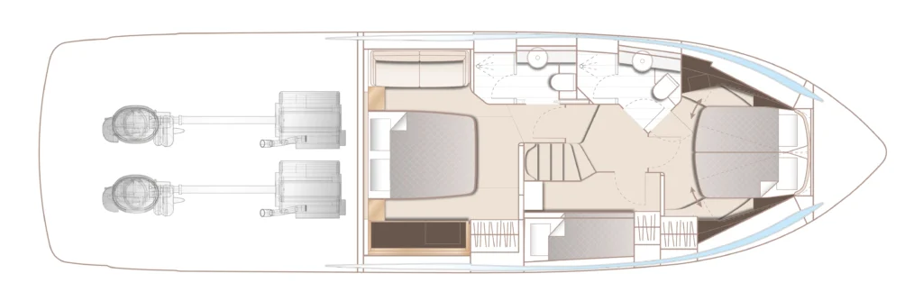 Top-down layout of a motor yacht showing engines at the stern and interior living spaces (beds, seating, bathroom, helm).