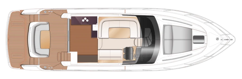 Top-down layout of a luxury yacht showing deck and cabin areas: aft outdoor seating, cockpit, galley, dinette, and helm in the forward section.