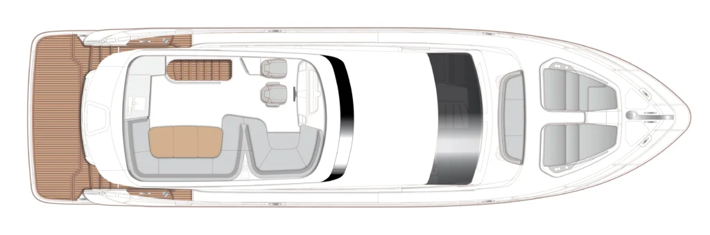 Top-down view of a luxury yacht deck showing aft lounge area, helm, and seating arrangement along a white hull.