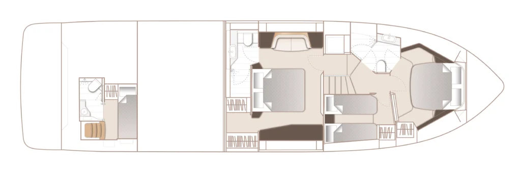 Top-down floor plan of a luxury yacht interior showing cabins, bathrooms, and common areas along the length of the vessel (bow to stern).