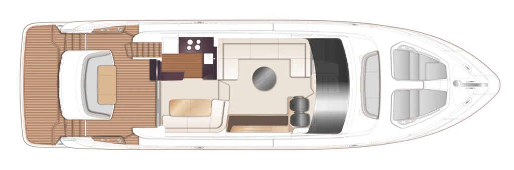 Top-down layout of a luxury motor yacht showing aft deck, lounge seating, galley, dinette, and helm area