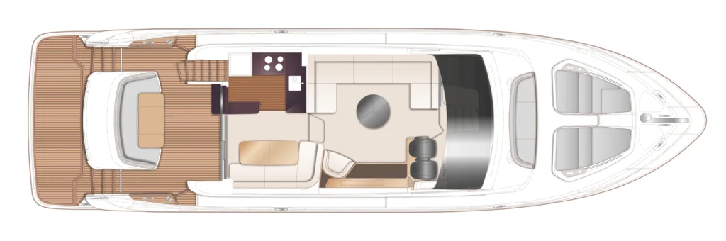 Top-down floor plan of a luxury yacht showing the cockpit, salon with L-shaped sofa, galley, and aft teak deck on the main level.