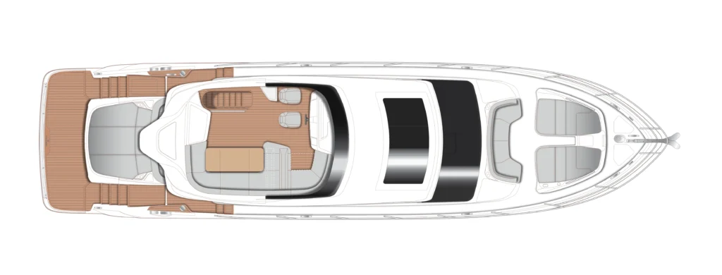 Top-down layout of a luxury motor yacht showing teak deck, cockpit seating, and cabin areas from above.