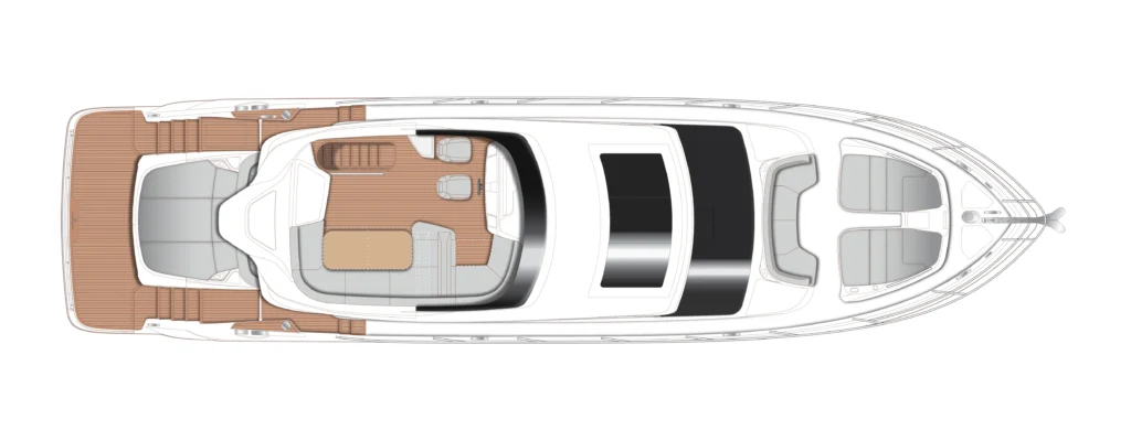 Top-down layout of a luxury yacht showing teak deck, seating areas, and cabin spaces from above
