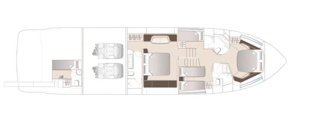 Top-down schematic of a luxury motor yacht layout showing engine room, living areas, and multiple cabins from bow to stern.