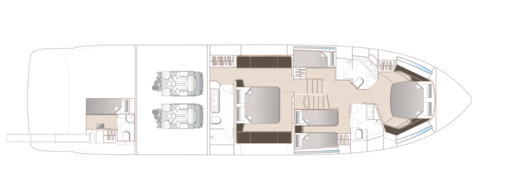 Top-down deck plan of a luxury yacht showing engines at the aft, crew areas, central living spaces, guest cabins, and the forward helm station.
