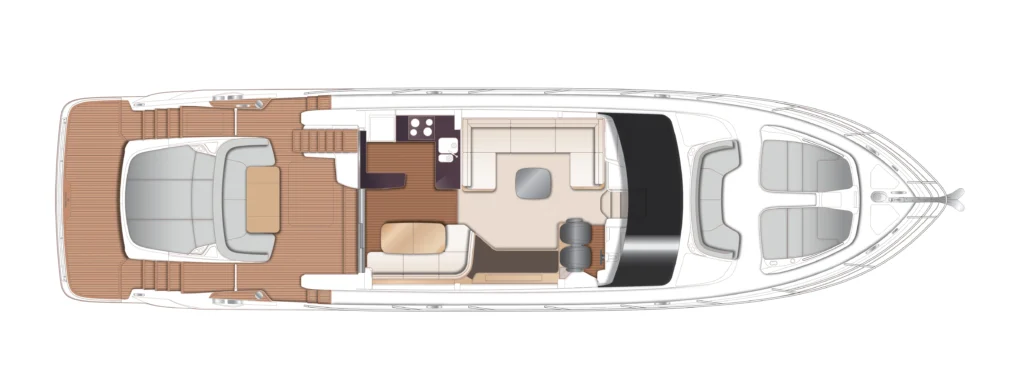 Top-down layout of a luxury motor yacht interior, showing aft deck seating, living lounge, galley, and helm area.
