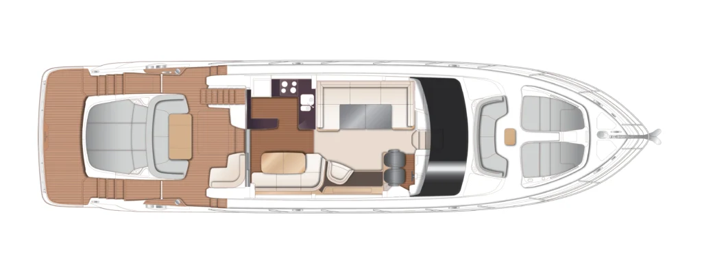 Top-down layout of a luxury motor yacht interior showing aft deck seating, pool table-like galley, lounge, dining area, helm, and forward cabins.