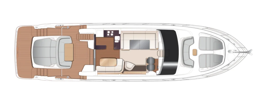Top-down layout of a luxury motor yacht showing teak deck, aft seating, a central galley and lounge, helm station, and forward cabins area.