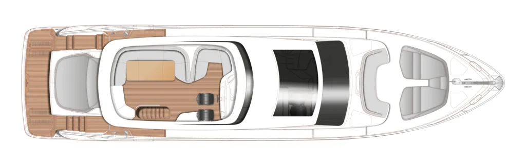 Top-down schematic of a luxury motor yacht showing deck layout: forward bow, central cabin with seating area, helm position, sunroof, aft deck and teak flooring throughout