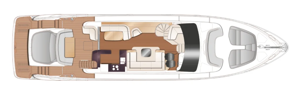 Top-down layout of a motor yacht interior showing aft deck, cabin lounge, galley, dining area, helm, and forward seating area