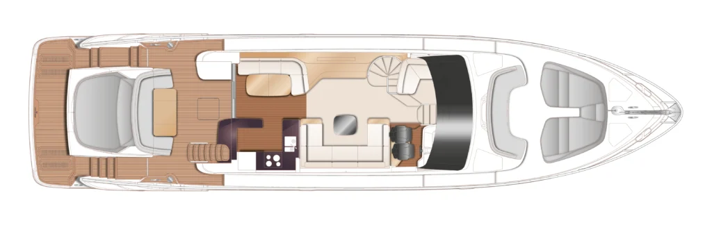 Top-down layout of a luxury motor yacht: aft deck, galley, dining lounge, helm, and forward seating areas.