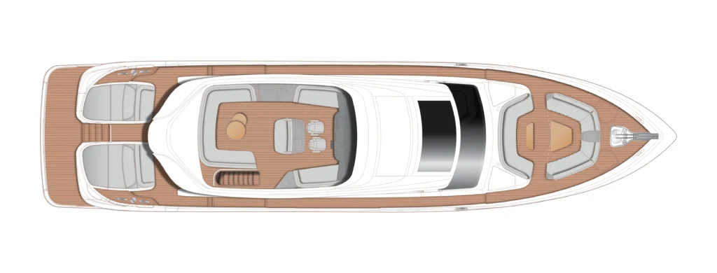 Top-down plan of a luxury yacht deck showing teak flooring, seating areas, and sun loungers in a spacious outdoor layout