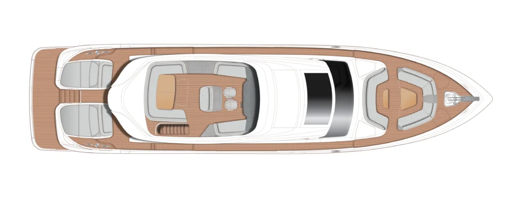 Top-down view of a luxury motor yacht deck showing aft lounge seating, a central seating area, and sunbathing spaces on a wood deck.
