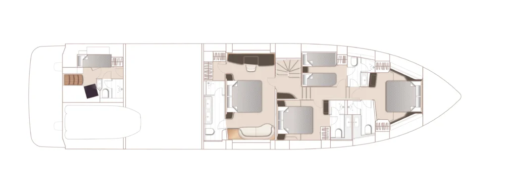 Top-down floor plan of a luxury yacht interior showing cabins, bathrooms, and common living areas