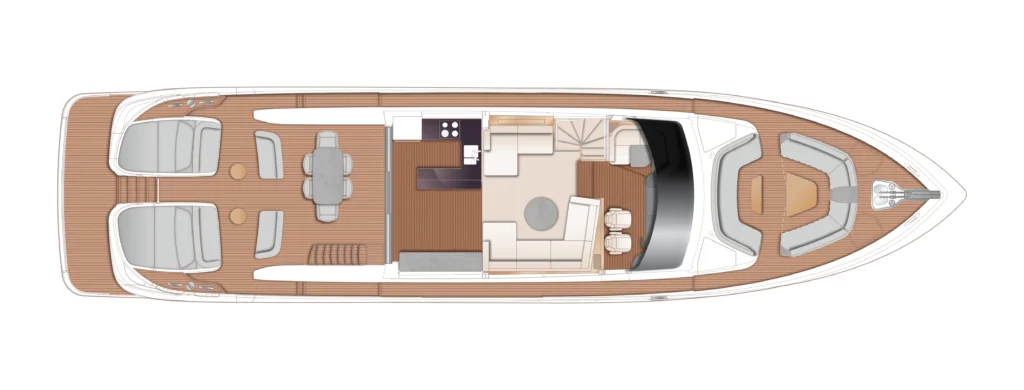 Top-down deck plan of a luxury motor yacht showing aft lounge, dining area, galley, stairs to lower deck, and forward helm with seating area on the bow.