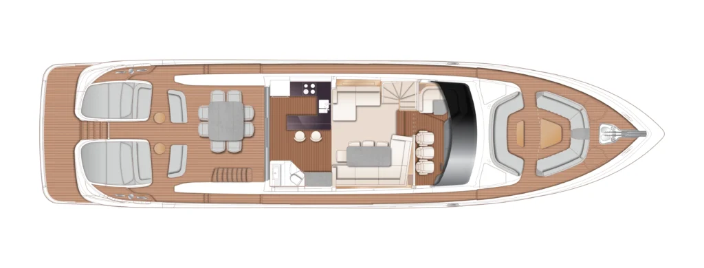 Top-down layout of a luxury motor yacht showing aft deck seating, central dining area, galley, salon, helm station, stairs, and forward lounge on the bow
