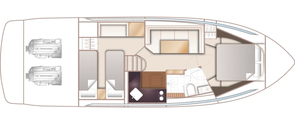 Top-down layout of a motor yacht interior: engines at the stern, two sleeping cabins, galley and dining area, stairs, bathroom, and a forward master cabin.