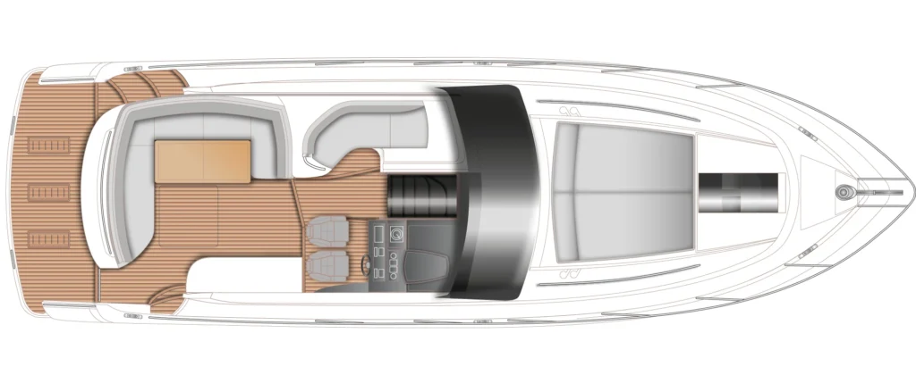 Top-down layout of a luxury motor yacht deck: aft seating area, midship galley and helm, teak decking.