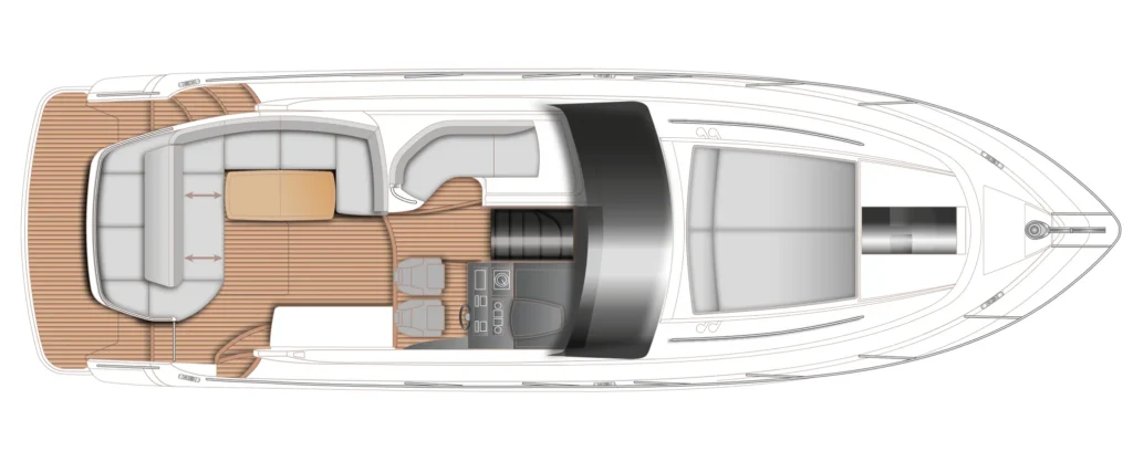 Top-down floor plan of a luxury motor yacht showing the aft seating area, central galley, and helm on the main deck with forward lounge and cabins.