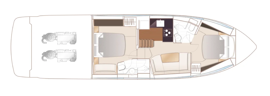 Top-down floor plan of a motor yacht showing engine room at the rear, two bedrooms, a kitchen, dining area, bathroom, and forward helm/cabin spaces.