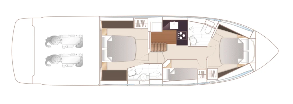 Top-down yacht interior layout: two engines at the stern, central living area, galley, and multiple cabins toward the bow.