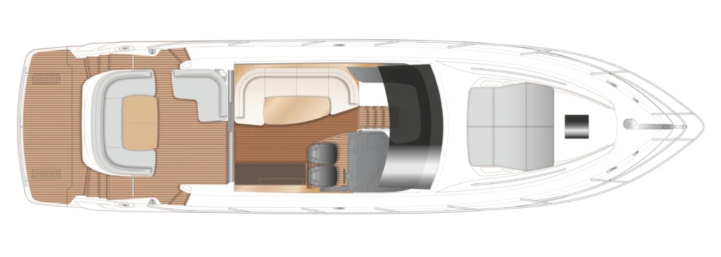 Top-down floor plan of a luxury motor yacht showing outdoor aft deck, mid-ship lounge with curved seating, helm area, and forward cabin areas.