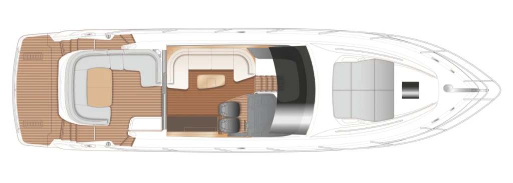 Top-down schematic of a luxury motor yacht interior and deck, showing aft lounge, central salon, helm/navigation area, and forward bow cabin with seating.