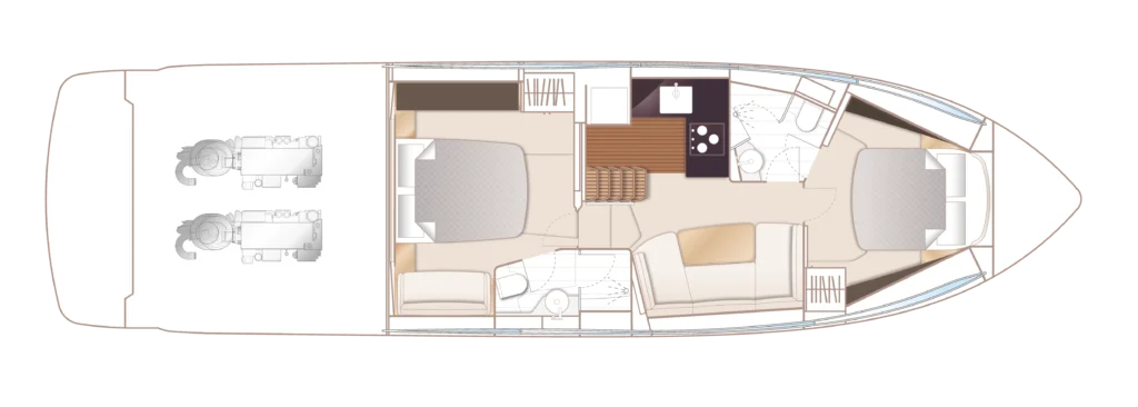 Top-down layout of a luxury motor yacht: stern engine room, midship bedroom, living area, galley, bathroom, and forward cabin.