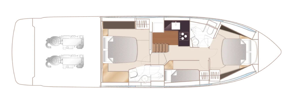 Top-down yacht deck plan showing aft engine room, two guest cabins, a galley with stove, lounge area, and a forward master cabin with ensuite.