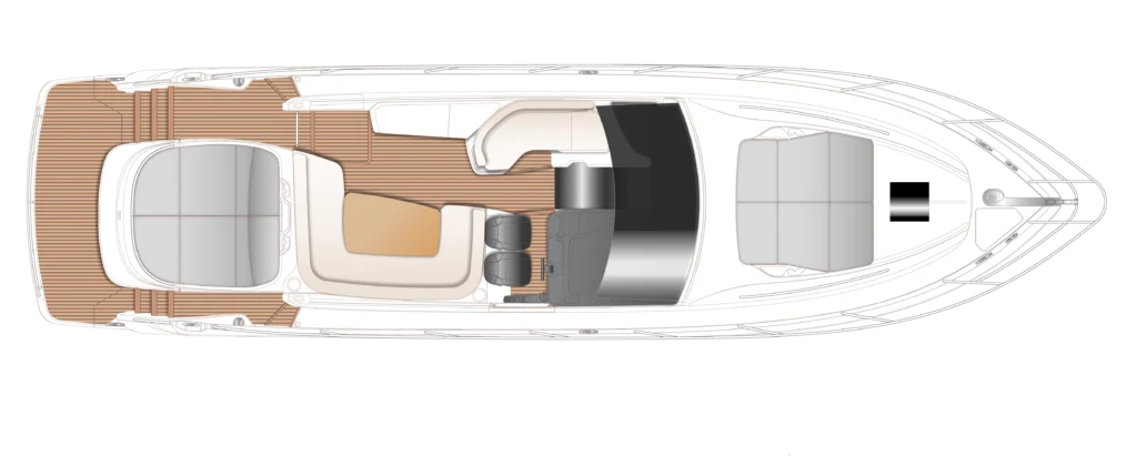 Top-down view of a luxury yacht showing aft deck seating, central salon, helm area, and forward seating on teak decking.