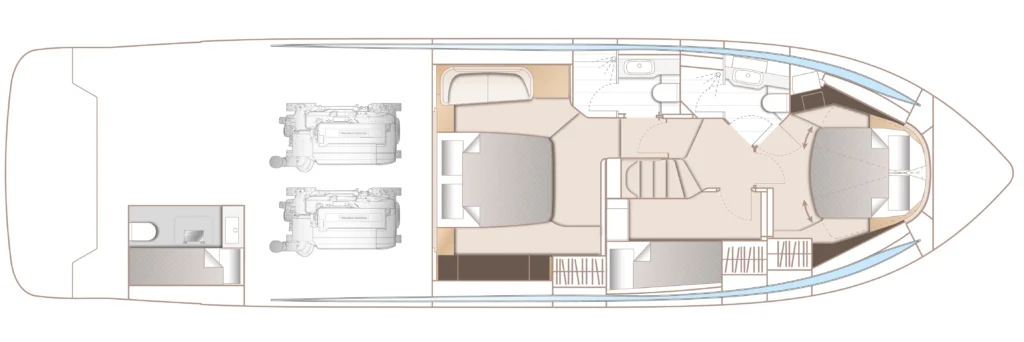 Top-down layout of a motor yacht showing twin engine rooms aft, a large central cabin area, and forward helm with multiple cabins and bathrooms along the length of the boat.