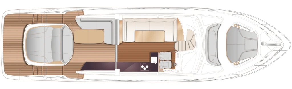 Top-down floor plan of a luxury motor yacht: forward cockpit with seating, central lounge and galley, dining area, and aft deck on a wooden deck surface.