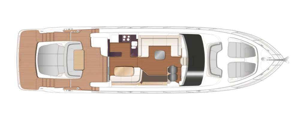 Top-down layout of a motor yacht showing aft deck, seating areas, galley and dining, helm, salon, and forward cabins on a teak deck layout.