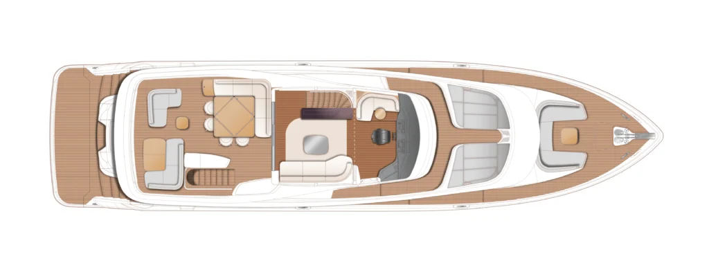 Top-down layout of a luxury yacht interior showing helm, lounge, dining area, and aft deck on teak flooring