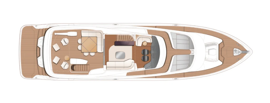 Top-down layout of a luxury motor yacht showing aft outdoor lounge, dining area, and side seating on a teak deck.